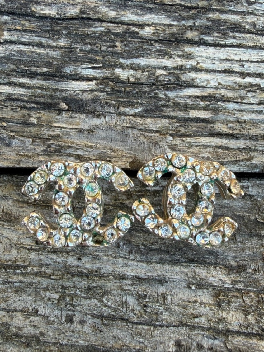CHANEL Vintage Crystal Double C Stud Earrings - Clear Crystal and Silver Tone - Picture 7 of 10
